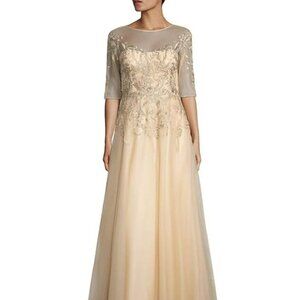 Beaded Embroidered Illusion Elbow Sleeve Evening Gown